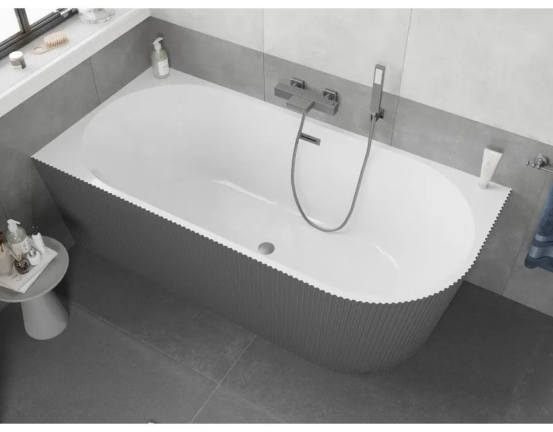 Mexen Silo, rohová voľne stojaca ryhovaná vaňa, ľavá, 170 x 80 cm, biela-šedá, grafitový prepad, 52891708062L-95