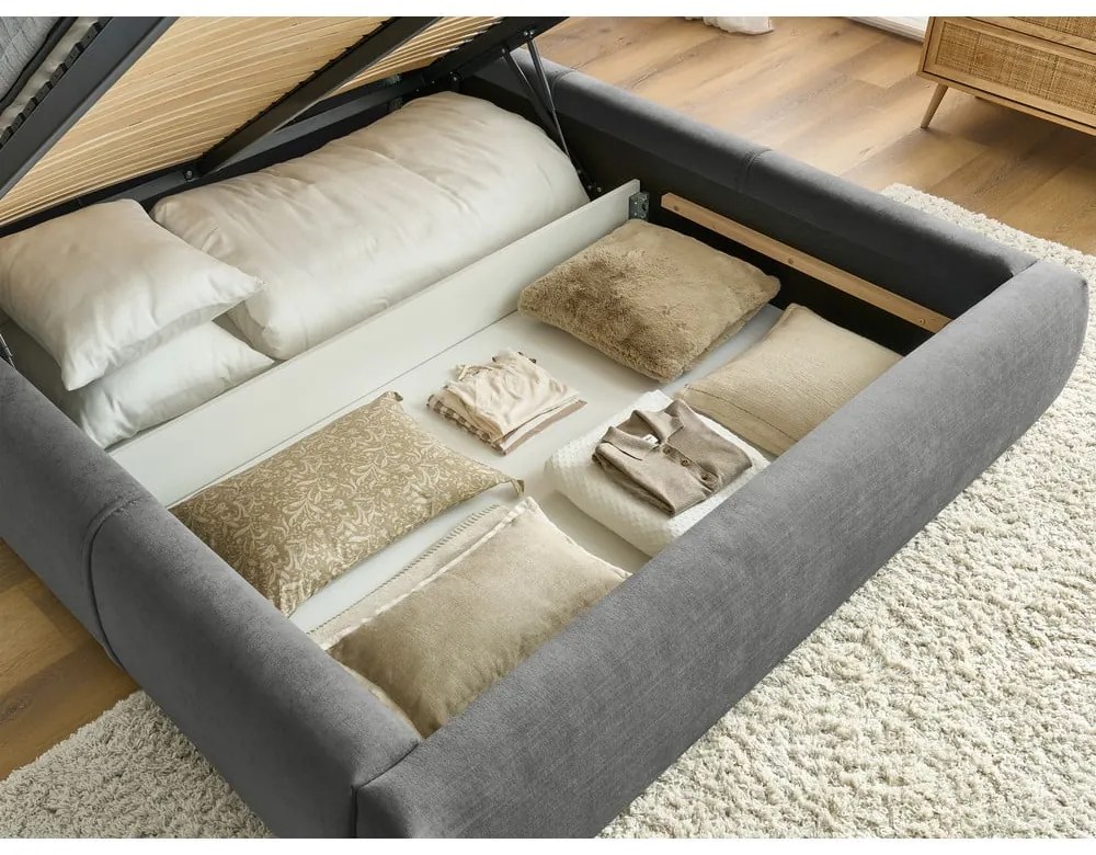 Sivá čalúnená dvojlôžková posteľ s úložným priestorom s roštom 160x200 cm Vernon – Bobochic Paris