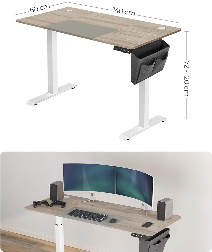 Výškovo nastaviteľný elektrický stôl, písací stôl, biela a sivá farba, 60 x 140cm