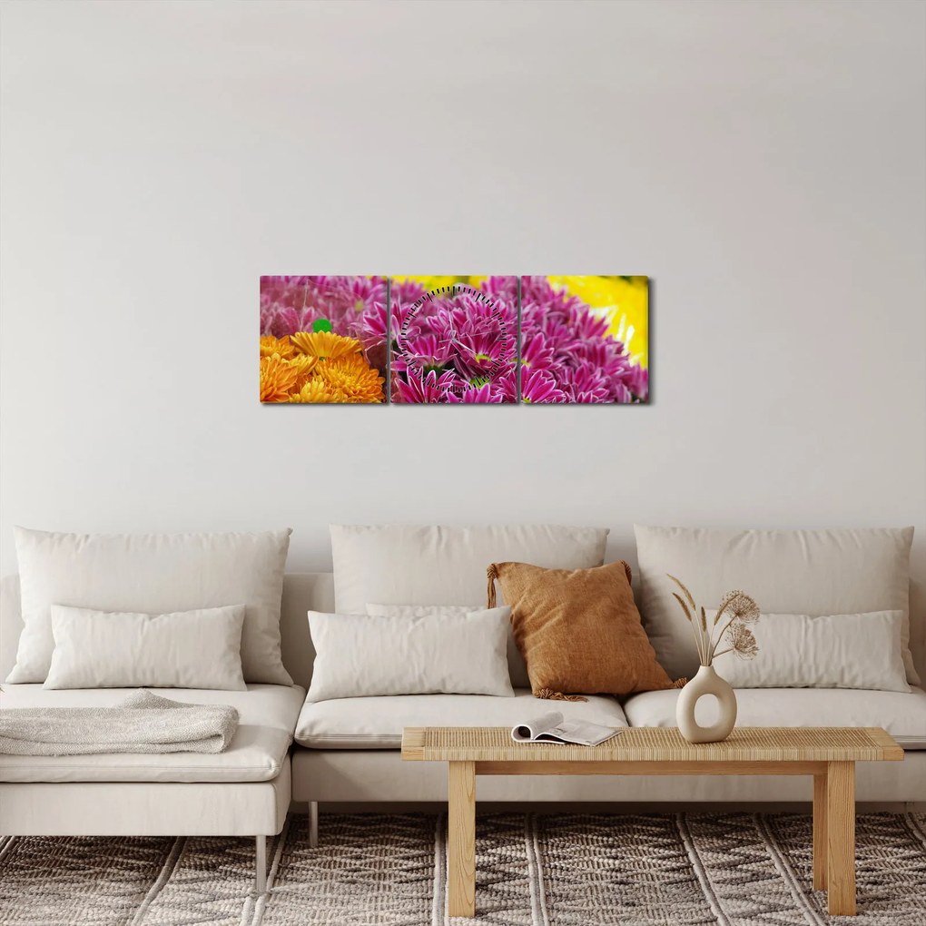 Obraz ružového kvetu (s hodinami) (90x30 cm)