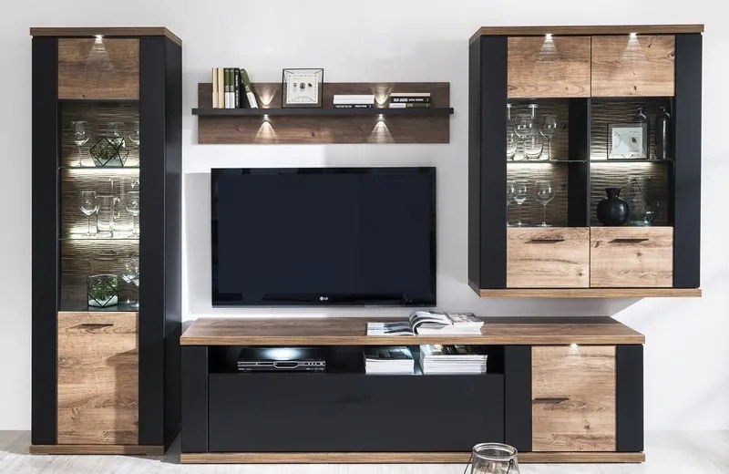 Obývacia stena Boston, čierna/dub ribbeck, s osvetlením