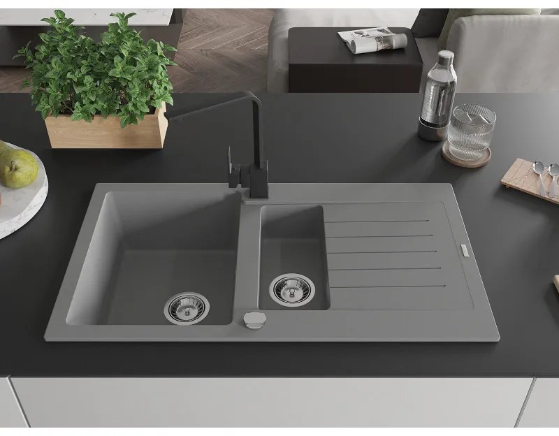 Mexen Matias, granitový drez 900x505x200 mm, 1,5-komorový a čierna batéria Rita, šedá, 6502-71-670300-70