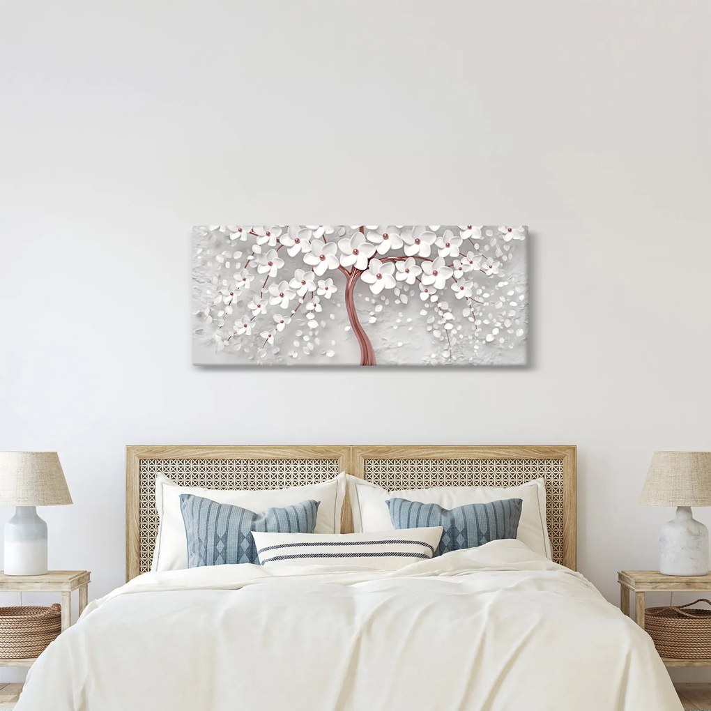 Obraz - Obraz bieleho stromu s kvetinami, rosegold (120x50 cm)