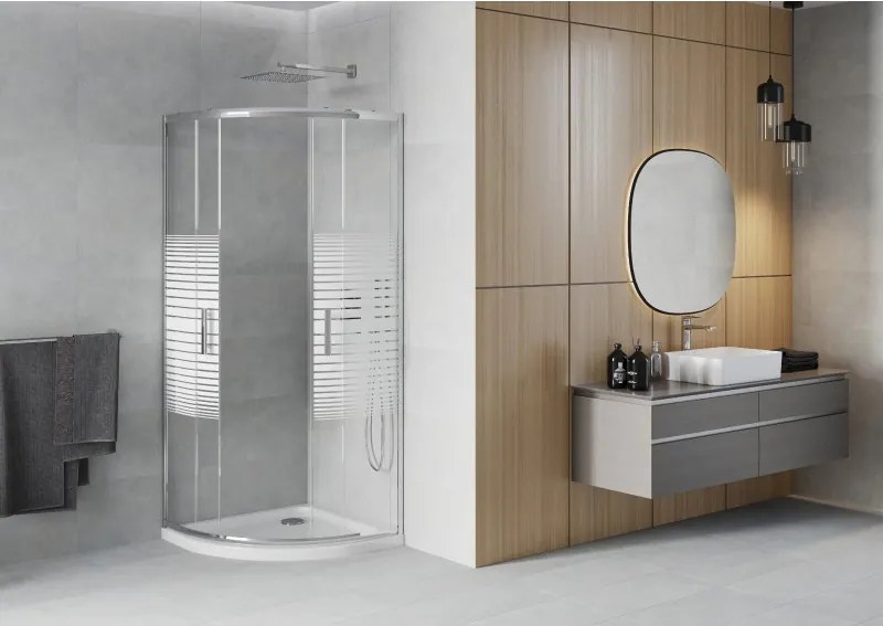 Mexen Rio sprchová kabína polkruhová 90 x 90 cm, biele pruhy, chróm + vanička Flat, biela - 863-090-090-01-20-4110
