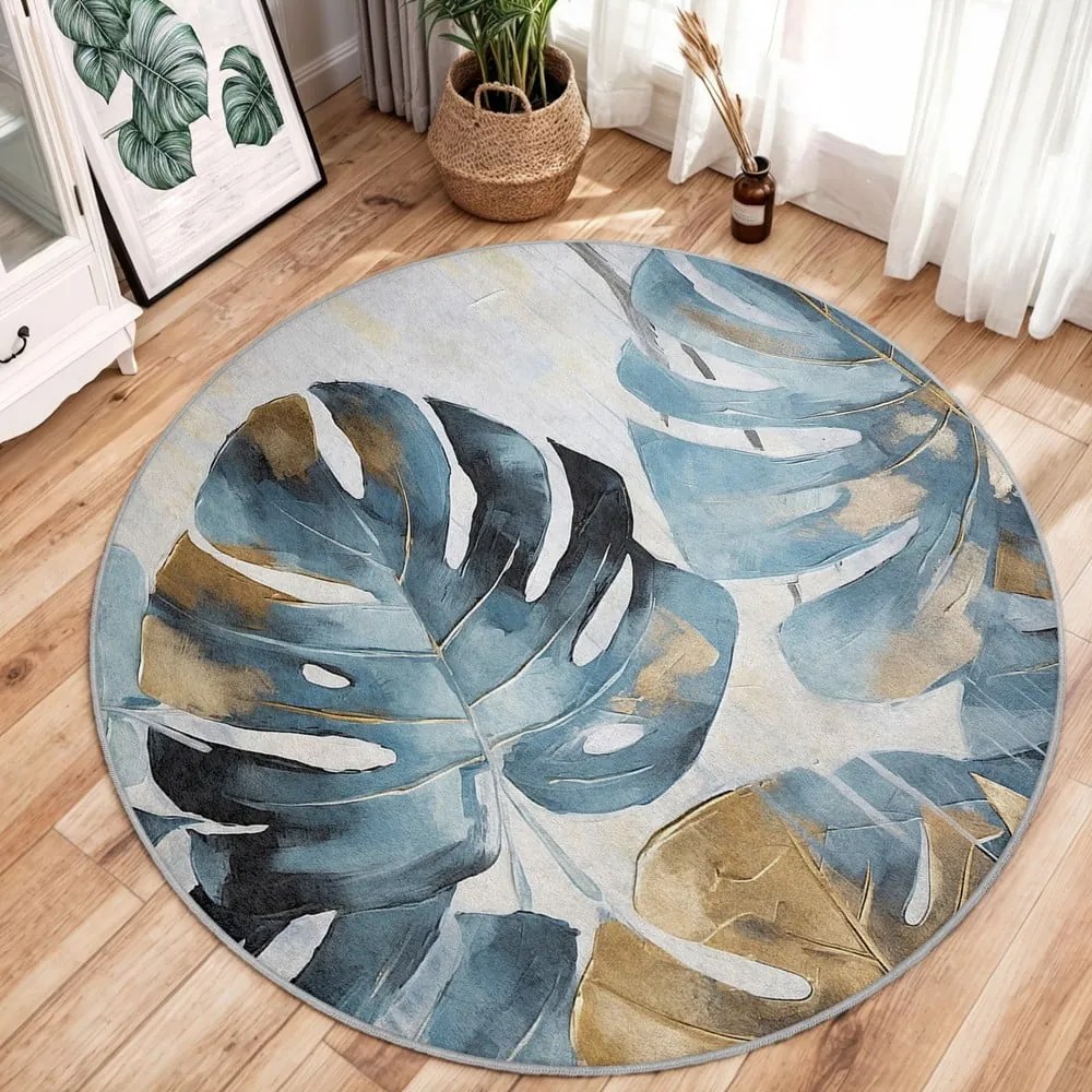 Modrý prateľný okrúhly koberec ø 150 cm Golden Leaves – Mila Home