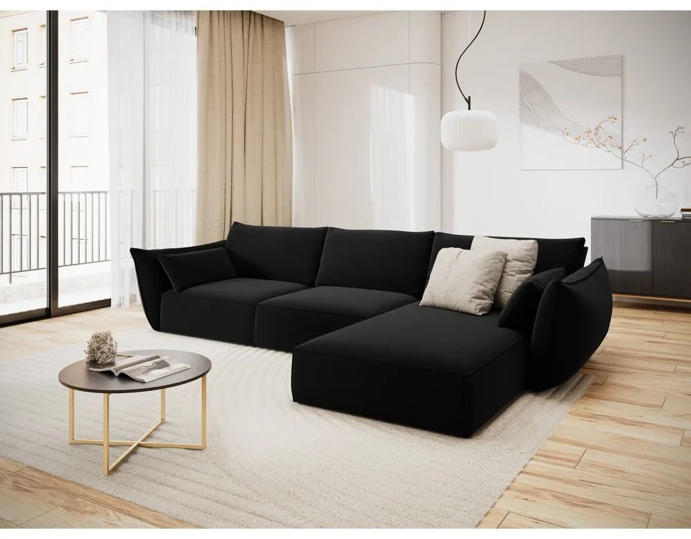 Čierna zamatová rohová pohovka (pravý roh/s leňoškou) Vanda – Mazzini Sofas