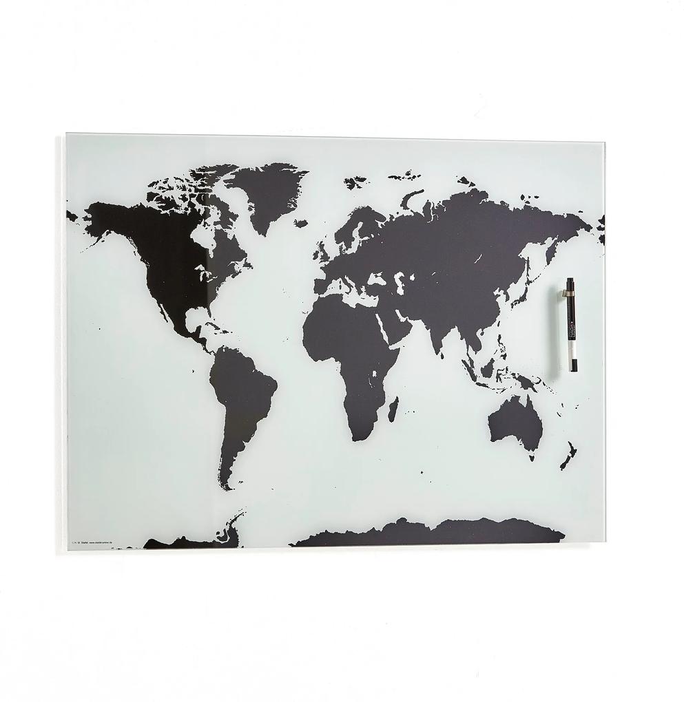 Sklenená magnetická tabuľa Wendy - mapa sveta, 800x500 mm, čierna/biela