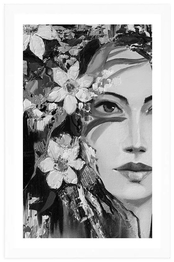 Plagát s paspartou originálna maľba ženy v čiernobielom prevedení - 40x60 white