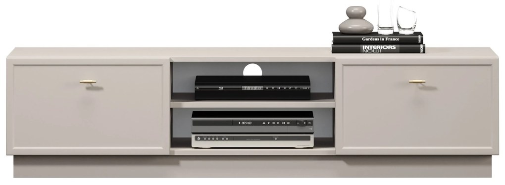 TV stolík Lorini 150 cm na sokli – kašmírová / zlaté úchytky T