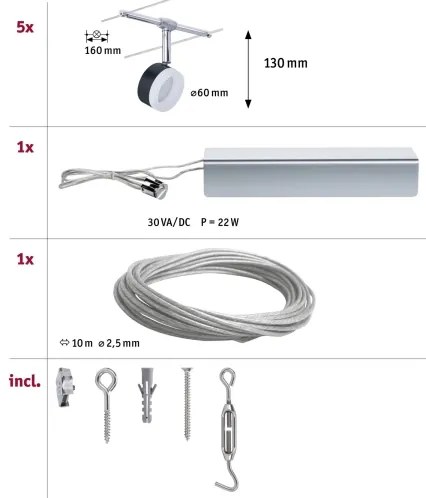 Paulmann 94457 - SADA 5xLED/4W bodových svietidiel do lanového systému CLEAR 230V