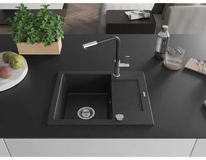 Mexen Enzo, 1-komorový granitový drez 576x465x174 mm a drezová batéria Flora, čierna-strieborná metalíza, 6506-73-670401-07