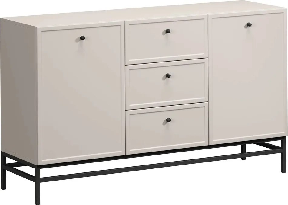 Komoda Lorini 150 cm so zásuvkami - kašmír / čierne úchytky / kovový rám