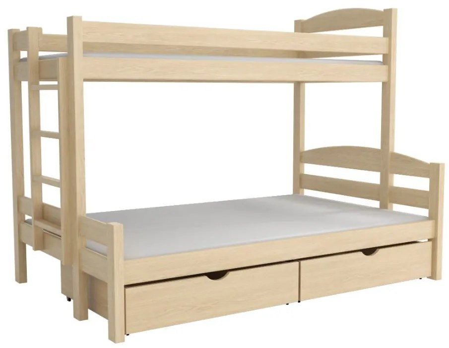 Detská poschodová posteľ z masívu borovice s rozšíreným spodným lôžkom SAVANA so šuplíkmi - 200x90/140 cm - PRÍRODNÁ BOROVICA