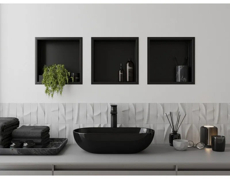 Mexen X-Wall-R, polička na zapustenie na obklad s golierom 30 x 30 cm, čierna matná, 1970303010