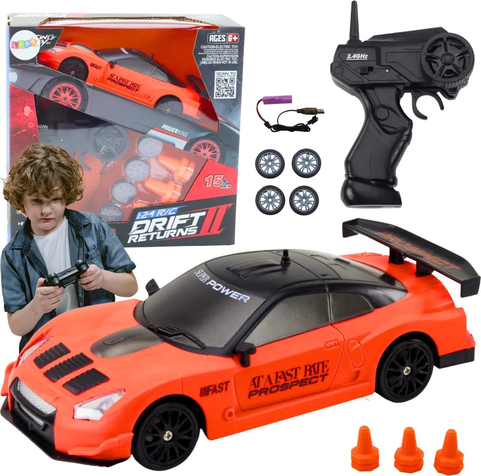 LEAN Toys Športové autíčko s diaľkovým ovládaním R/C v mierke 1:24, oranžové, s vymeniteľnými kolesami