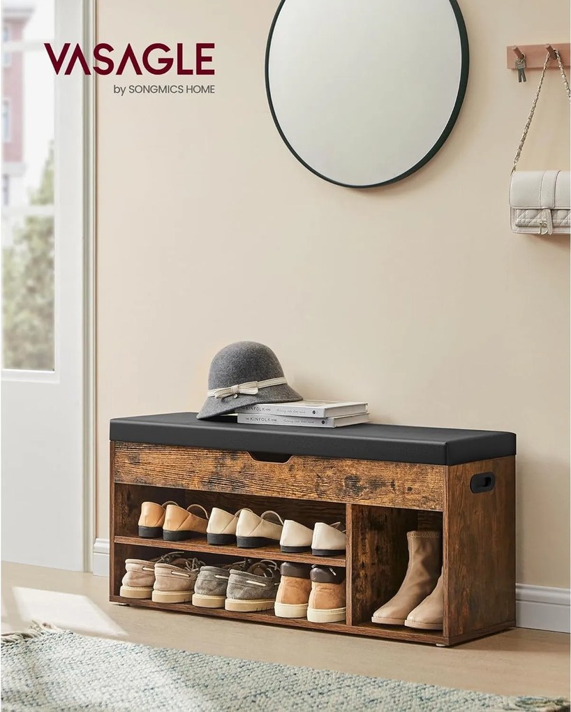 Lavica na topánky, úložná lavica s čalúneným sedadlom, 3 priehradky, rustikálna hnedá