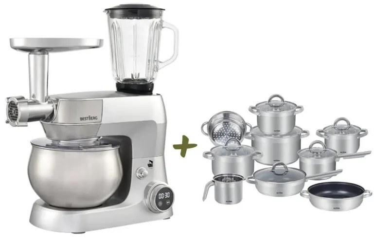 MEGAKOMBO Multifunkčný kuchynský robot BestBerg BBR-1900S + 15dielna sada nerezových hrncov a nepriľnavých panvíc BestBerg BBSC-15 / strieborná