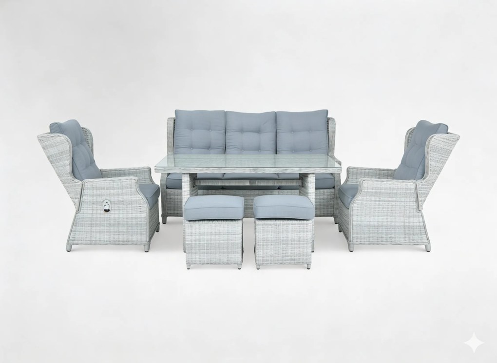 Garden Line SÚPRAVA ZÁHRADNÉHO NÁBYTKU Z HLINÍKA A RATANU (SOFA + STÔL + 2 KRESLÁ + 2 TABURETY) ŠEDÁ + ŠEDÉ VANKÚŠE *0404