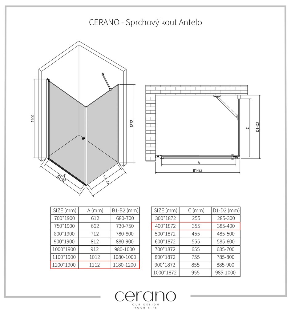 CERANO - Sprchovací kút Antelo L/P - čierna matná, transparentné sklo - 120x40 cm - krídlový, CER-CER-482221