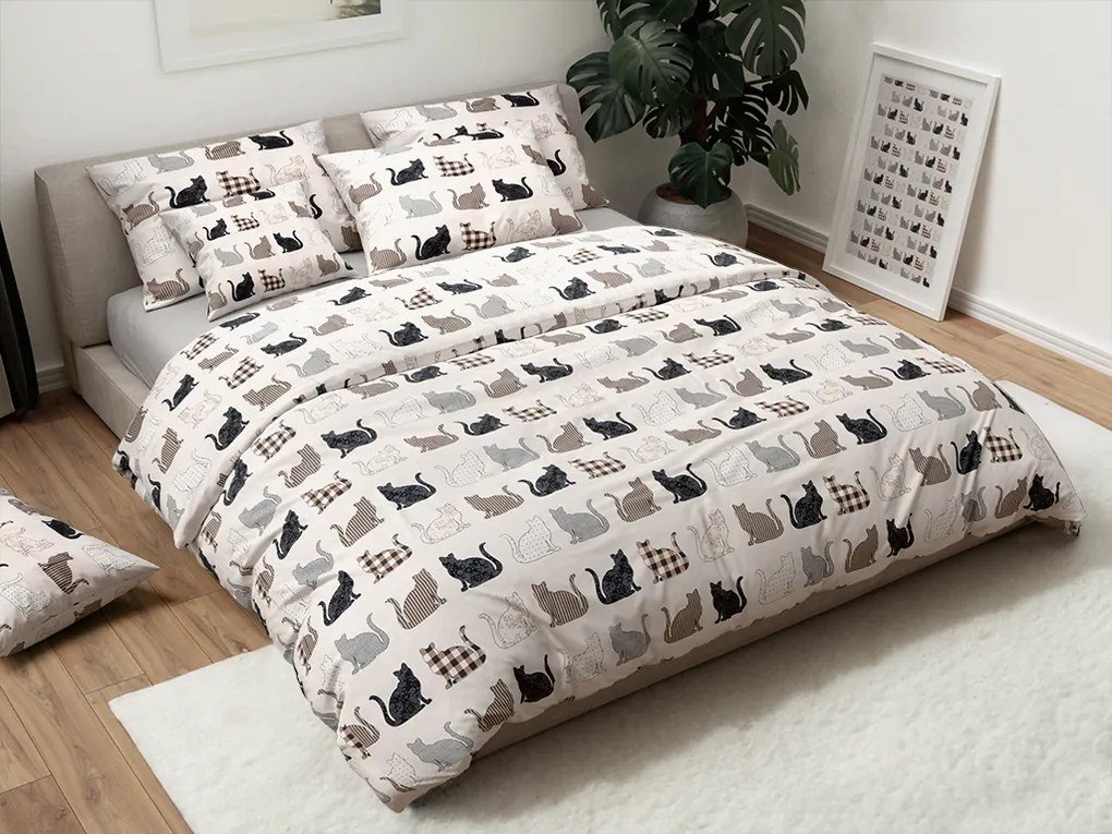 Obliečky z Renforcé bavlny PATTERNED CATS béžové Rozmer obliečky: 2 ks 70 x 90 cm | 200 x 220 cm