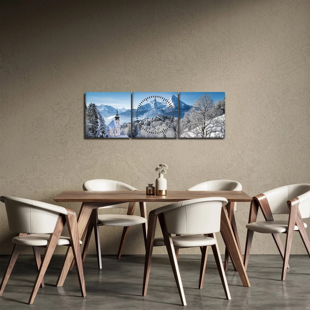 Obraz - Zasnežená krajina (s hodinami) (90x30 cm)