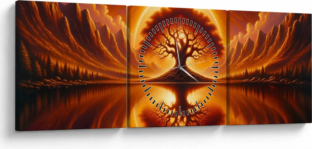 Obraz – Strom v krvavom slnku (s hodinami) (90x30 cm)
