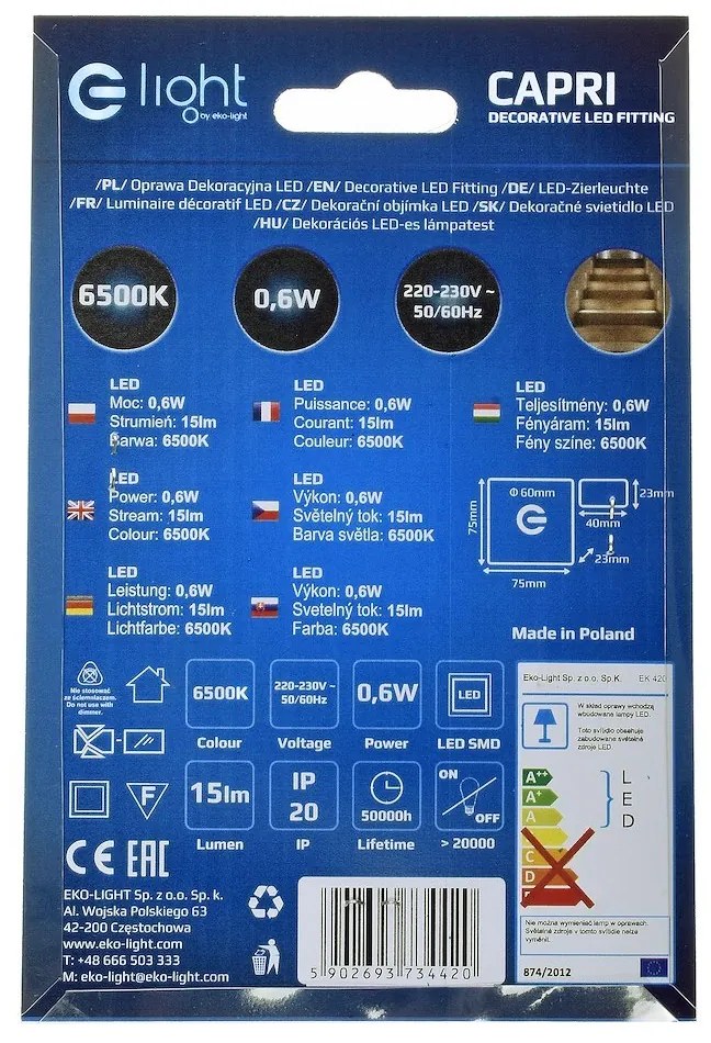 Schodiskové LED svietidlo Capri, 1x LED 0,6w, 6500k, s
