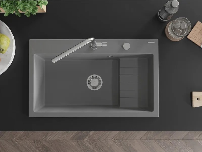 Mexen Omar žulový kuchynský drez s 1 komorou 800 x 480 mm, sivý, sifón chróm - 6520801005-71