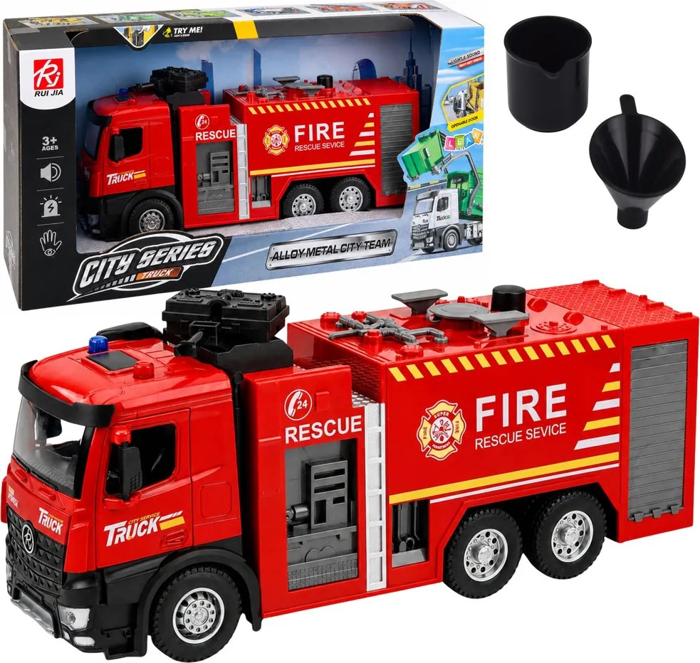 LEAN Toys Hasičské auto s funkciou striekania vody, kovová kabína, svetlá, zvuky, mierka 1:12