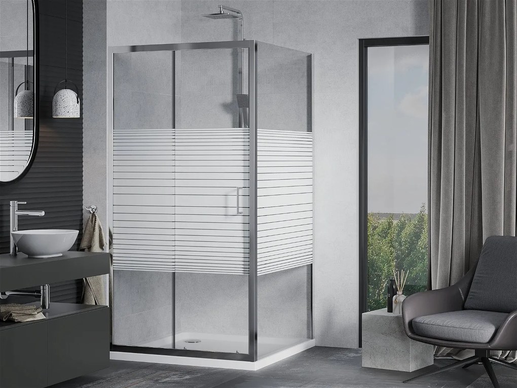Mexen APIA, sprchový kút s posuvnými dverami 100 (dvere) x 100 (stena) cm, 5mm číre-pásy sklo, chrómový profil + slim sprchová vanička 5cm, 840-100-100-01-20-4010