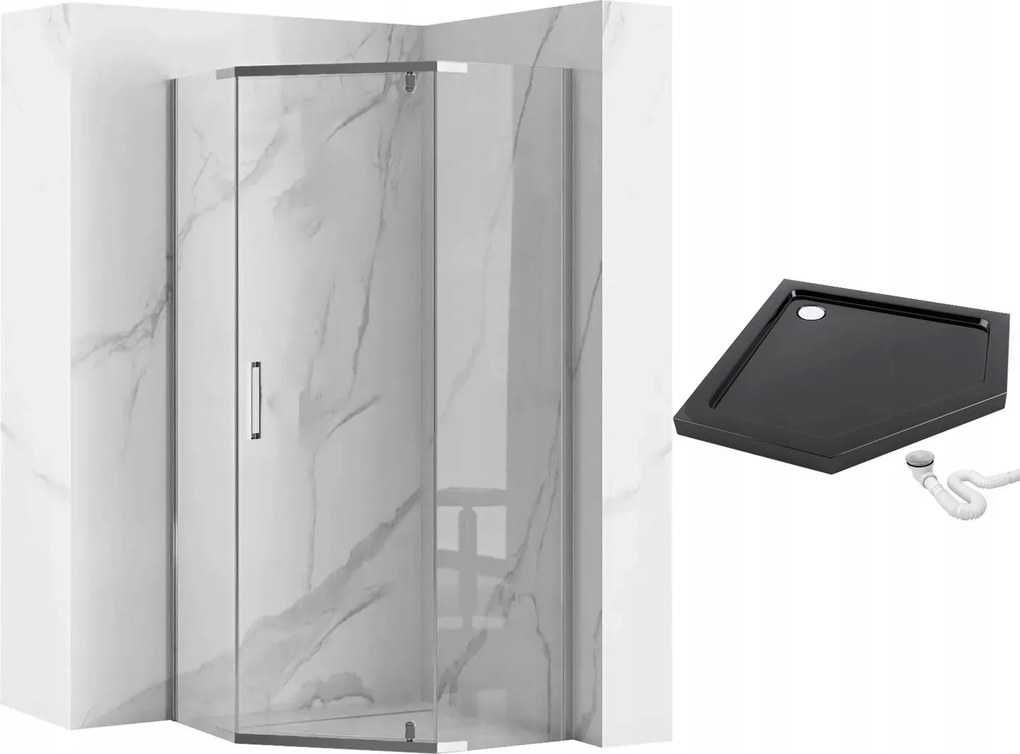 Päťuholníkový sprchový kút REA AXIN 90x90 cm, chróm/transparent + vanička Diamond biela