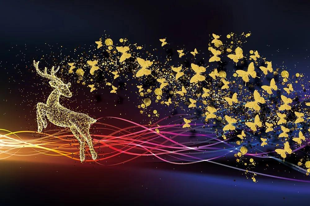 Samolepiaca tapeta jeleň so zlatými motýľmi