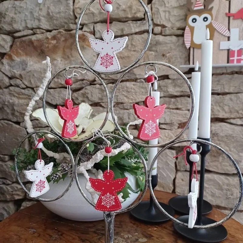 DECOLED Dřevěný anděl, 5x6 cm, červený a bílý, 12ks/bal.