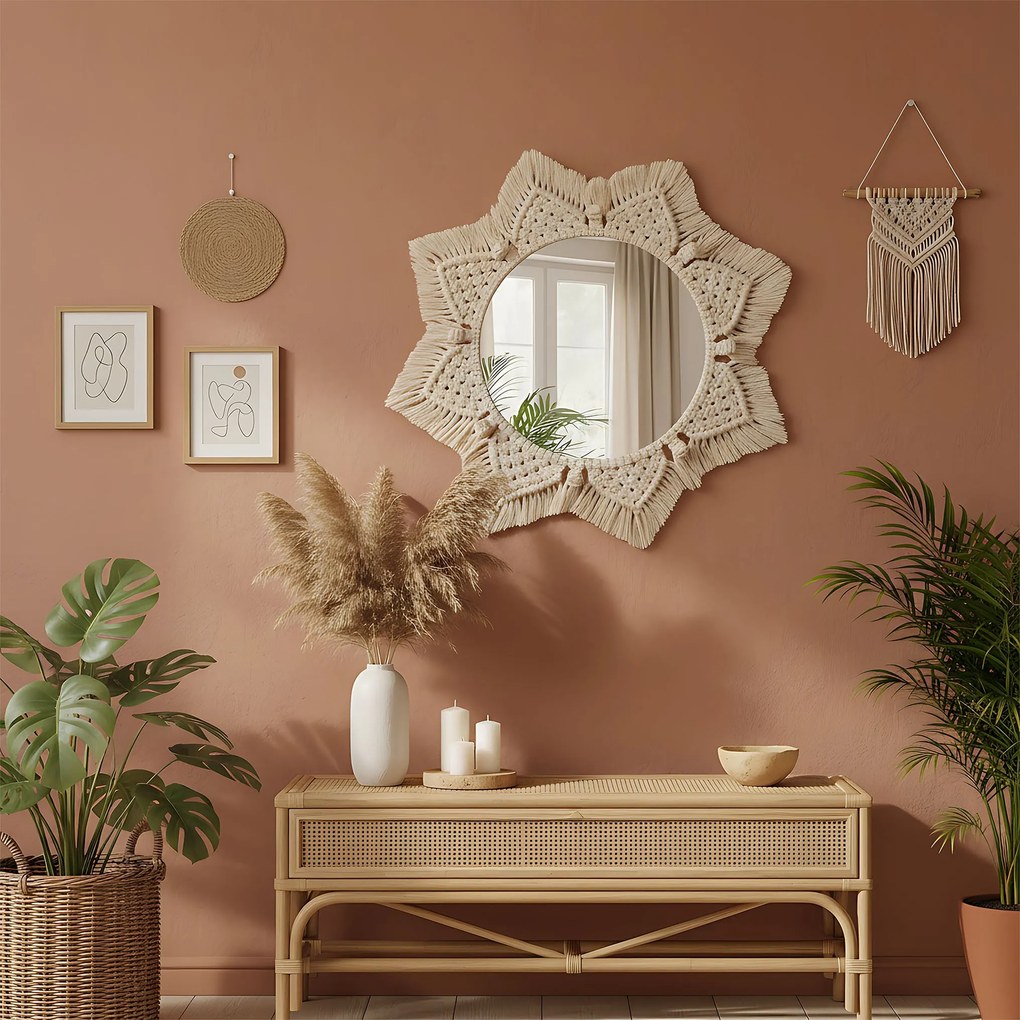Okrúhle nástenné zrkadlo BOHO 55 cm béžové