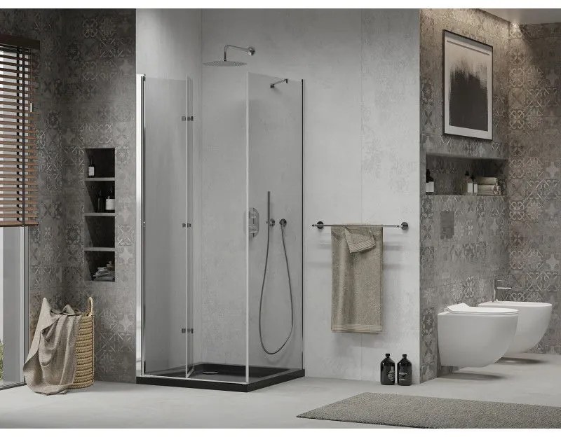 Mexen Lima, sprchový kút so skladacími dverami 80 (dvere) x 80 (stena) cm, 6mm číre sklo, chrómový profil + slim sprchová vanička čierna + chrómový sifón, 856-080-080-01-00-4070