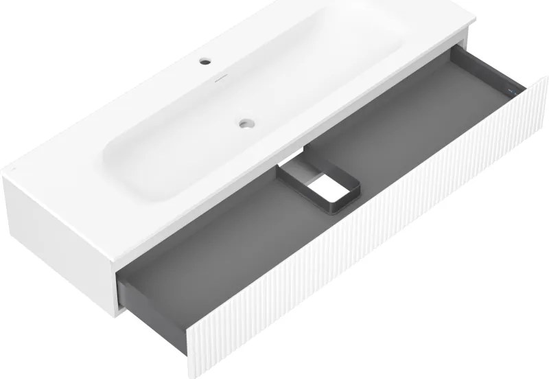 Mexen Rivel, kúpeľňová skrinka 140 cm s umývadlom Vela, 1 zásuvka, drážkovaná, biela matná, 91A20-14023-1-BF01-W23M01
