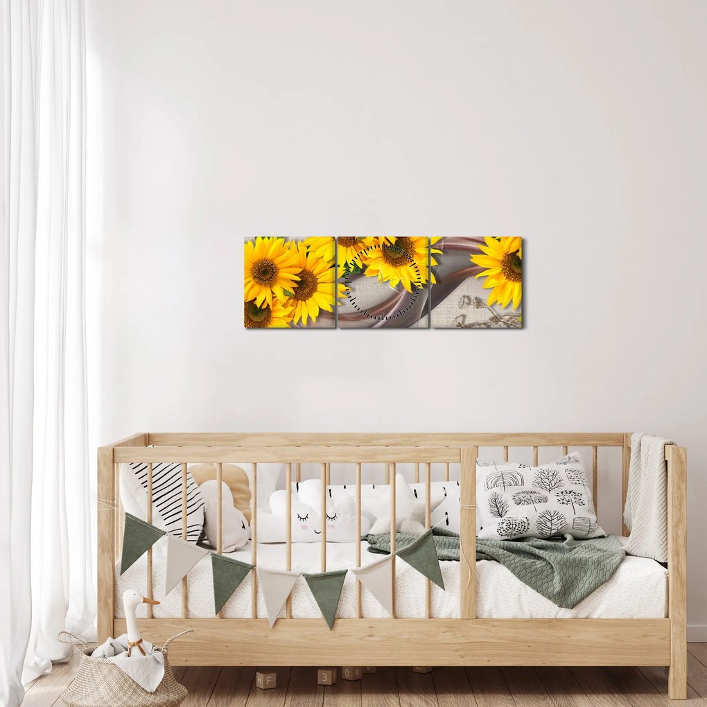 Obraz - Žiariace kvety slnečníc (s hodinami) (90x30 cm)