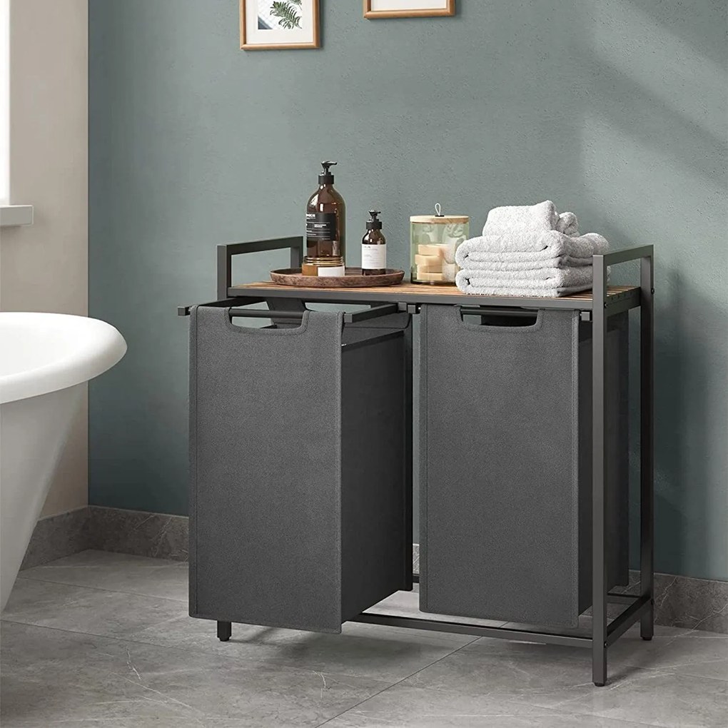 Kôš na bielizeň s 2 priehradkami, kôs na prádlo, 2 x 46 l, sivý