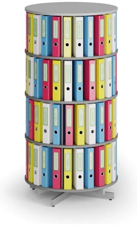 Otočný regál na zakladače, 4 poschodia, sivý