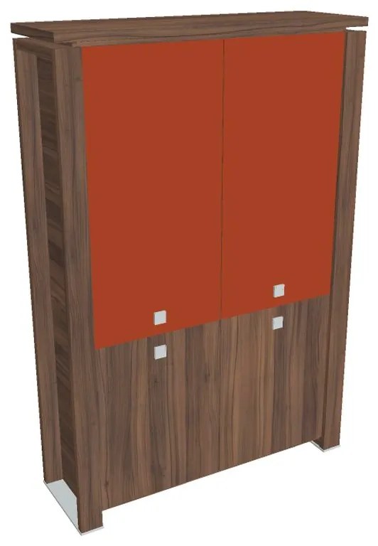 Vysoká skriňa Verno+ 140 x 46 x 210 cm, kombinované dvere, orech / oranžová