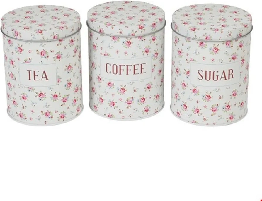 Plechové dózy na čaj, kávu a cukor s ružami - set 3 ks