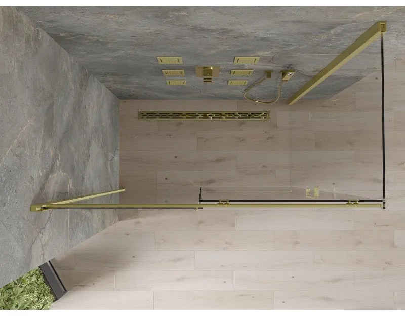 Mexen Omega, sprchovací kút s posuvnými dverami 140 (dvere) x 80 (stena) cm, 8mm sklo, zlatý profil-číre sklo, 825-140-080-50-00