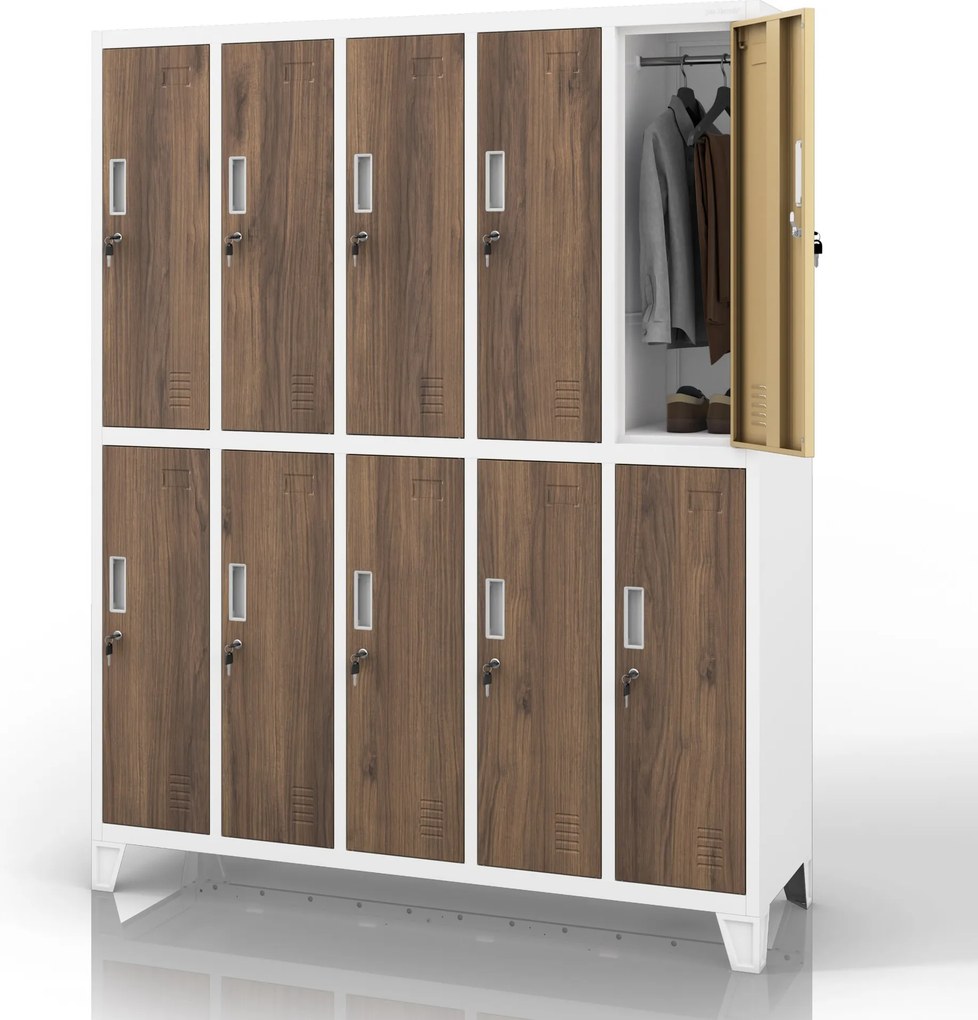 Šatňová skriňa BOZP 10-dverová biela/orech, 1360x1720x450 mm: BARTEK Eco Design