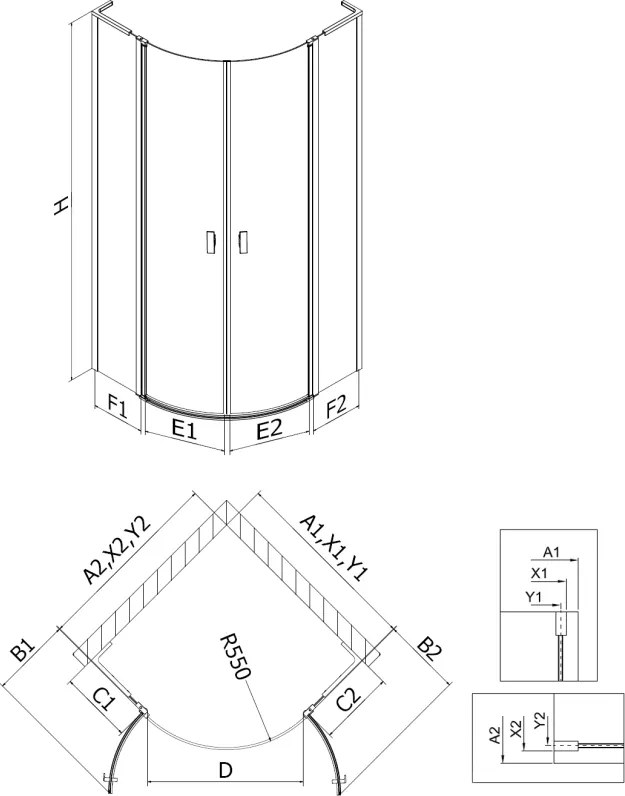 Mexen Mist L, štvrťkruhový sprchový kút s 2-krídlovými dverami, 100 x 100 cm, 8mm číre sklo, medený profil, 8A32L-100-100-65-00