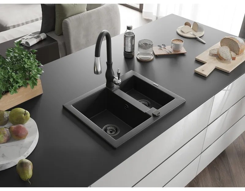 Mexen Carlos, 1,5-komorový granitový drez 582x475x177 mm a drezová batéria Savita, čierna, 6518-77-672601-70-B