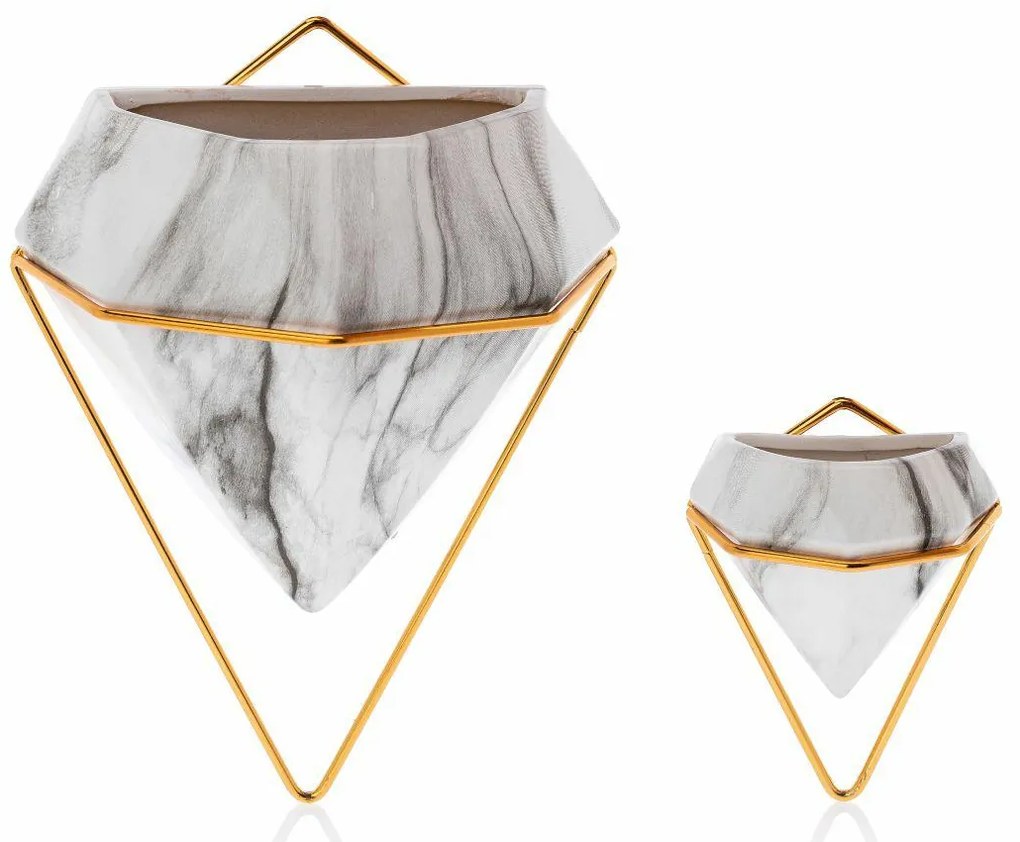 NÁSTENNÝ KERAMICKÝ KVETINÁČ SEMELA SADA 2KS 23X20X11,5 CM+14X10X6 CM BIELA/ZLATÁ