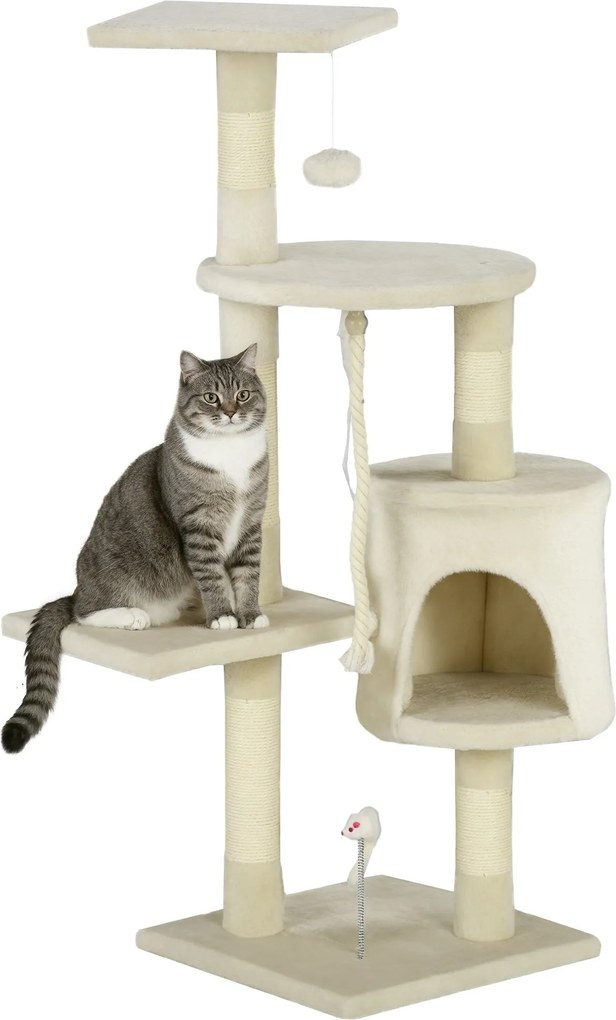 PawHut Cat Scratching Post Výška 116 cm Mačací strom Lezecká veža so sisalovými poštekmi, útulnou jaskyňou, plošinami a zábavnými visiaci hračkami Bež