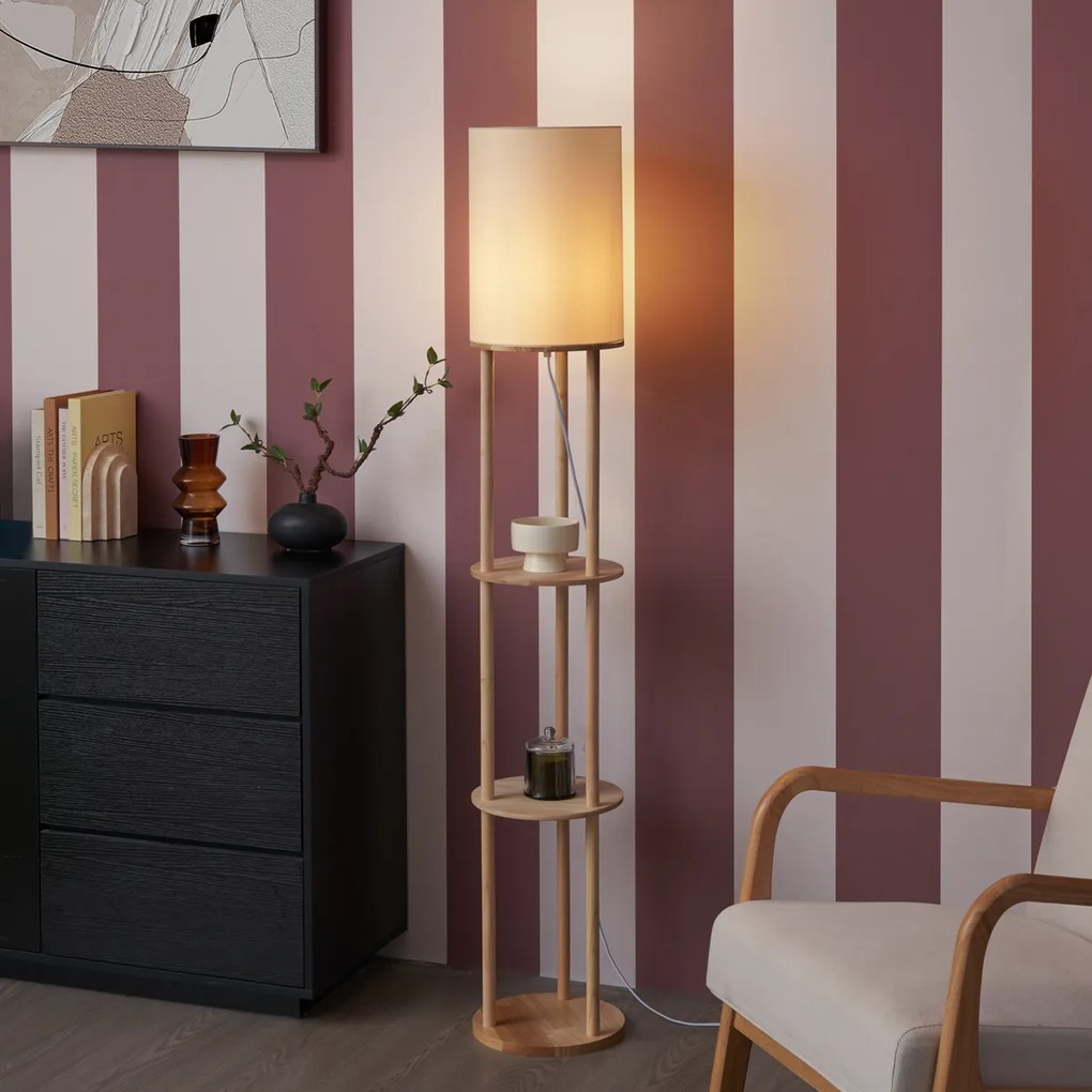 Moderná stojacia lampa drevená s béžovým tienidlom - Stojon