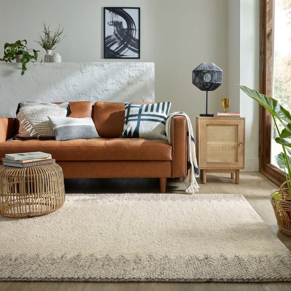 Krémový ručne tkaný koberec s prímesou vlny 80x150 cm Minerals Border – Flair Rugs