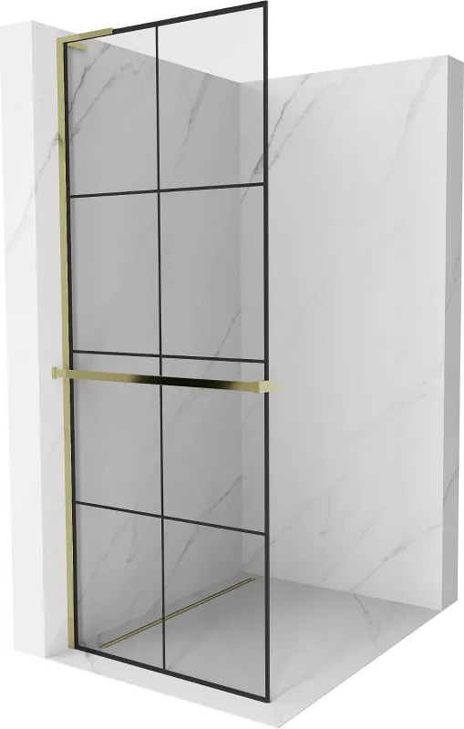 Mexen Kioto+ L, sprchová zástena Walk-In s poličkou a vešiakom 70 x 200 cm, 8mm číre sklo čierny vzor, zlatý lesklý profil,800-070-123-50-77